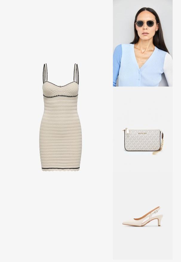 Balta megzta suknelė su prilipusia forma, turi plonus petnešėles, banguotą apvadą ir kontrastingą juodą apdailą aplink iškirptę ir apatinę dalį.; Balti slingback kulniukai su smailiu pirštu, lygia viršutine medžiaga, žemu blokuotu kulnu ir šoniniu išpjovimu su reguliuojamu sagtimi.; Apskriti saulės akiniai su tamsiais objektyvais ir auksiniais rėmeliais. Modelis vilki šviesiai mėlyną, raukinį kardiganą su mygtukais ir kontrastingomis baltomis rankovėmis.; Michael Kors rankinė smėlio spalvos dengto kanvoje su pakartotiniu MK logotipo raštu, auksinėmis detalėmis ir nuimamu grandininiu dirželiu.