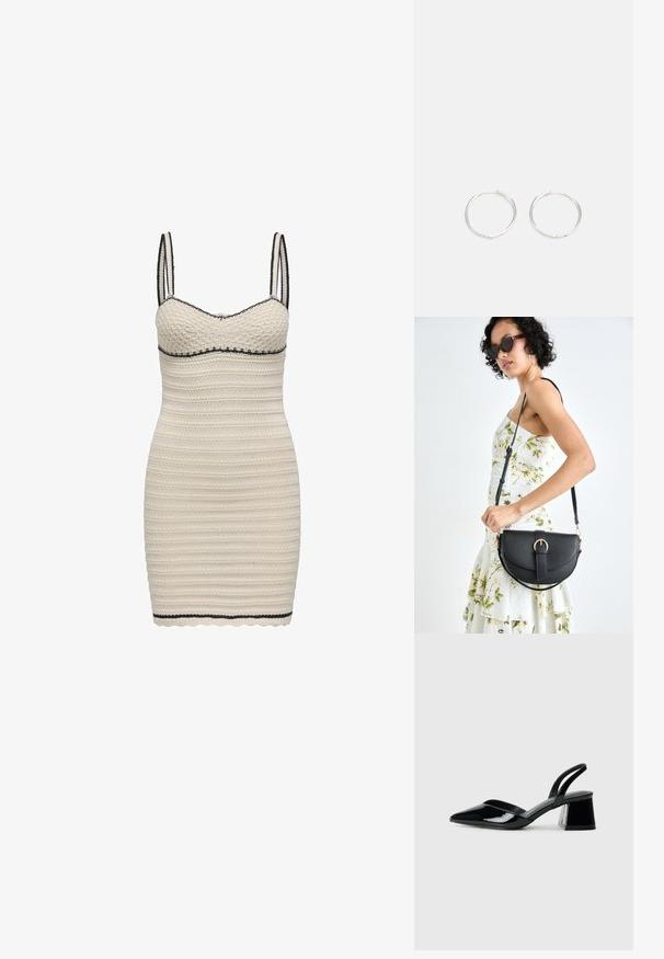 Fehér kötött ruha, amely testhez simuló fazonú, vékony pántokkal, fodros aljjal és ellentétes fekete díszítéssel a nyaknál és az alján.; Fekete lakk bőr szandálkés magas sarkú cipő, hegyes orral és geometrikus tömbsarkakkal. Karcsú, minimalista dizájn és sima textúra jellemzi.; Fekete bőrtáska ívelt formával, levehető pánttal és arany színű fémrészekkel. A táskán egy csattal díszített fedél található.; Ezüst karika fülbevalók, letisztult, kerek formával, sima felülettel és látható díszítés nélkül. A átmérő nem megadott.