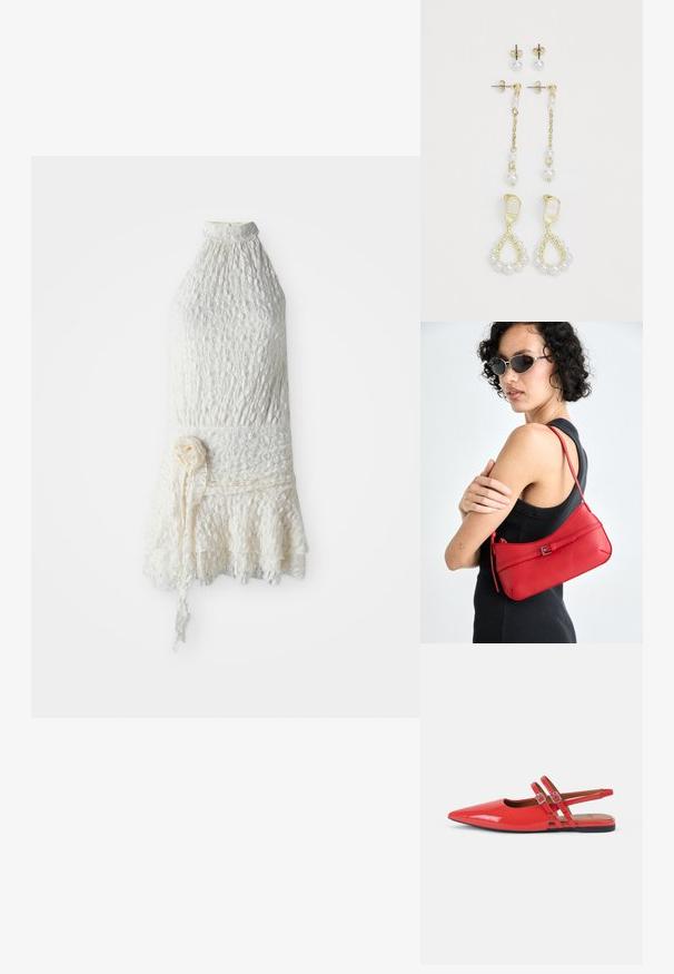 Bijela čipkasta haljina bez rukava s visokim ovratnikom, cvjetnom teksturom, uskim strukom i volanima na rubu, s remenom od tkanine u obliku cvijeta.; Crvene lakirane slinge s najlonom, s šiljastim vrhom i dva ukrižena remena ukrašena kvadratnim metalnim kopčama. Dizajn s niskim potpeticama.; Crvena kožna torba preko ramena s glatkom teksturom, zakrivljenim dizajnom i dekorativnom kopčom. Podesivi remen i zatvaranje na patentni zatvarač.; Zlatne naušnice s dva dizajna dugih bisera. Jedan par ima postavke s ušnim umetcima; drugi je viseći stil s lancem i dodatnim biserima.