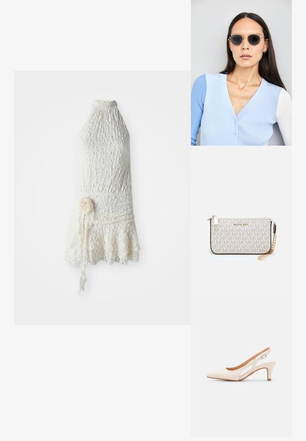Baltā mežģīņu kleita bez piedurknēm ar augstu kakla izgriezumu, ziedu tekstūru, pieguļošu jostasvietu un svārku apakšmalu ar volāniem, rotāta ar auduma zieda jostu.; Baltas siksniņveida papēdis ar smailu purngalu, gludu augšējo materiālu, zemu blokpapēdi un sānu izgriezumu dizainu ar regulējamu sprādzi.; Apaļas saulesbrilles ar tumšiem objektīviem un zeltītām rāmēm. Modelis valkā gaiši zilu, ribotu kardigānu ar pogām un kontrastējošām baltām piedurknēm.; Michaela Korsa rokassomi bez̦ā īšojuma, kas izgatavota no apklāta kanvas, iekļaujot atkārtotu MK logotipa rakstu, zelta aparatūru un noņemamu ķēdes siksnu.