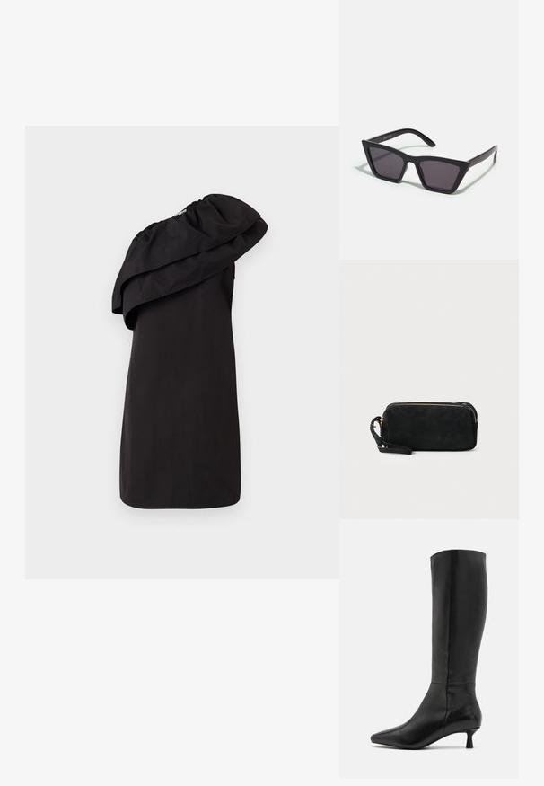 Musta mekko yhdelle olkapäälle, jossa on suuri, laskostettu röyhelöyksityiskohta. Valmistettu sileästä ja kevyestä kankaasta. Minimalistinen tyyli.; Zign Saappaat - black; Mustat, kulmikkaat aurinkolasit harmailla linsseillä; valmistettu muovista, paksuilla varsilla, joissa on sileä pinta ja ilman näkyvää metalliosaa.; Musta nubukista valmistettu ristikkokassi, jossa on vetoketjusulku ja irrotettava rannekapseli. Varustettu kultasävyisillä osilla ja sileällä, matalla pinnalla.