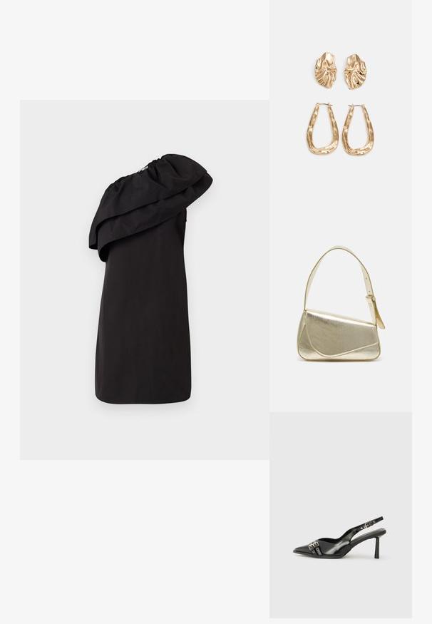Juoda suknelė su vieno peties dizainu, puošni dideliu, languotu raukšlėtu akcentu. Pagaminta iš lygaus, lengvo audinio. Minimalistinis stilius.; Juodas lakuotas odinis batelis su smailiu pirštu, kulkšnies dirželiais su sidabrinėmis sagtimis ir detalėmis, bei plonu kulnu.; Aukso metalinės rankinės su struktūrizuotu dizainu, lygaus paviršiaus ir reguliuojama dirželiu. Pasižymi unikaliu trikampiu pavidalu ir minimalizmu siuvinėjime.; Auksinės auskarai, turintys tekstūruotus, bangų formos elementus. Įeina skulptūriniai segami auskarai ir atviri lankai su išmuštu paviršiumi.