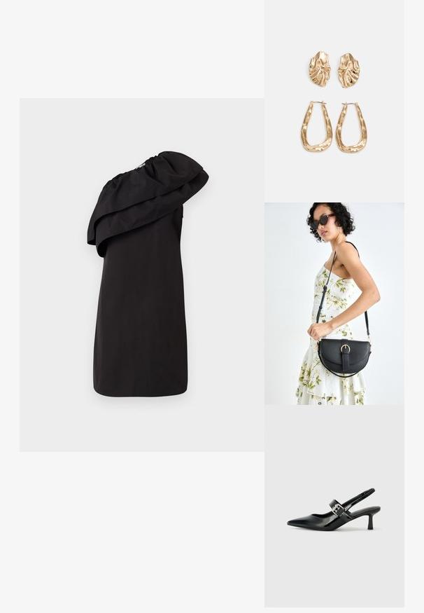 Fekete ruha egyvállas kialakítással, amelyen nagy, drapált fodor díszítés található. Simább, könnyű anyagból készült. Minimalista stílus.; Fekete lakkbőr slingback sarkú cipők hegyes orral és kis blokk talppal, ezüst csat díszítéssel a pánton.; Fekete bőrtáska ívelt formával, levehető pánttal és arany színű fémrészekkel. A táskán egy csattal díszített fedél található.; Aranyszínű fülbevalók, texturált, hullámos formákkal. Tartalmazza a szobrászati klipszes studokat és az open hoop kialakítást, kalapácsos felülettel.