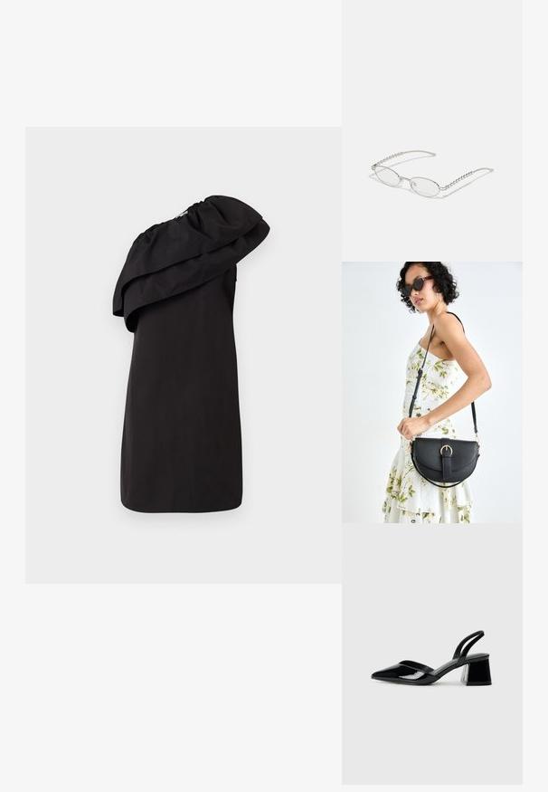 Vestido preto com um design de um ombro, apresentando um grande detalhe em volutas drapeadas. Feito de um tecido suave e leve. Estilo minimalista.; Sandy em verniz preto com salto slingback, ponta afilada e salto geométrico. Apresenta um design elegante e minimalista com textura suave.; Óculos ovais com uma armação metálica prateada, lentes transparentes e detalhes texturizados em contas nas hastes. Design leve com braços curvos.; Bolsa de couro preta com forma curva, alça destacável e detalhes em dourado. A bolsa possui uma aba com detalhe de fivela.