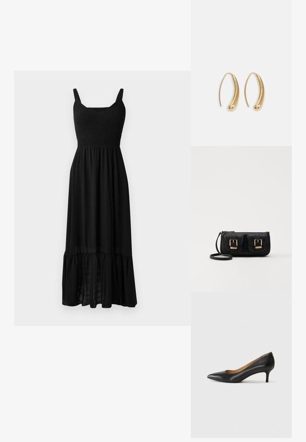 Fekete maxi ruha smockolt melltartóval, állítható pántokkal és többszintű fodros aljjal. Könnyű, áramló anyagból készült, sima textúrával.; Fekete bőrpumpa hegyes orral, alacsony sarokkal és sima felülettel. Elöl enyhe nyílással rendelkezik, hátul pedig minimális részletezéssel.; Fekete bőr keresztbody táska két elülső zsebbel, arany csattokkal, cipzáras záródással és vékony pánttal. Textúrált felület és kompakt téglalap alak.; Aranyszínű fémből készült karika fülbevalók ívelt, hosszúkás formával. Simaságával és fényes felületével, valamint lekerekített végével további részletekkel bővül.