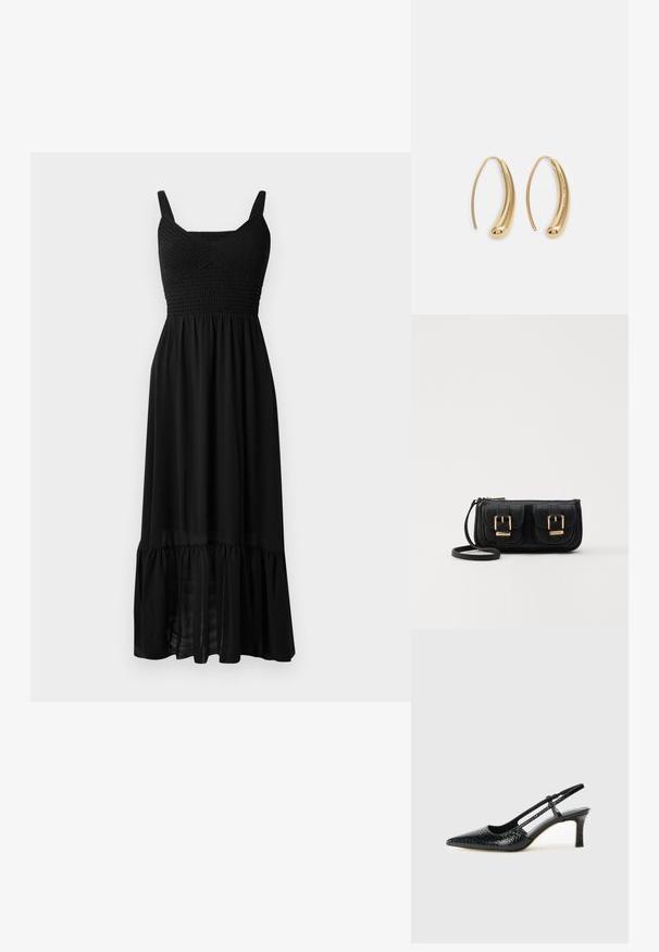 Musternem mustriga mustri, reguleeritavad rihmad ja kihiline volangäär. Valmistatud kergest, voolavast kangast, millel on sile tekstuur.; Mustmust paelad, millel on terav varvas, tekstuuriga maduprindiga, reguleeritav rihm ja lühike tekstuuriga plokknina.; Must küllastamata nahast õlakott, millel on kaks esist nähtavat taskut, kuldsed pandlad, tõmblukuga sulgemine ja peen rihm. Tekstuuriga pind ja kompaktne ristkülikukujuline kuju.; Kuldtoonilised metallist rõngas kõrvarõngad, millel on kõver ja piklik kuju. Omavad siledat, läikivat pinda ja ümarat tipptugevdust, mis lisab detaili.