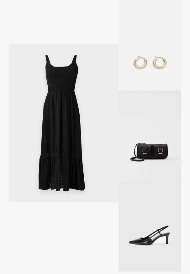 Svart maxikjole med smocket bryst, justerbare stropper og lagdelt volangkant. Laget av lett, flytende stoff med en glatt tekstur.; Sorte patent slingback hæl med spids tå, featuring tekstureret slangeskind, justerbar rem og en kort, tekstureret blokhæl.; Svart skinn crossbody veske med to frontlommer, gyldne spenner, glidelåslukking og en slank stropp. Teksturert overflate og kompakt rektangulær form.; Lauren Ralph Lauren BASIC SMALL HOOP - Øredobber - gold-coloured