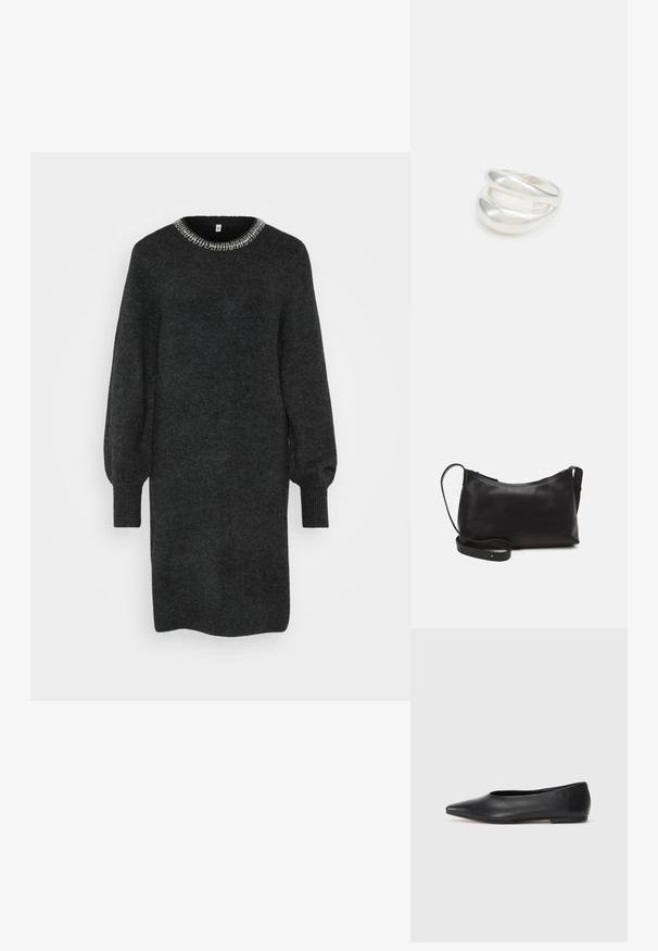 Tamsiai pilka megzta suknelė su apvaliu iškirpimu, puošta sidabriniais karoliukais. Ilgos pūstos rankovės ir raštuotos rankogaliai.; Juodas odinis baleto batas, su smailiu pirštu, minimalistinio dizaino, lygiu paviršiumi, žemo profilio kulnu, be matomos aparatūros ar papuošimų.; Juodas odinis petinis krepšys su lygiu paviršiumi, išlenkta forma, reguliuojama dirželiu ir užtrauktuku. Minimalistinis dizainas be puošmenų.; Sidabrinis dvigubas žiedas su lygiu, poliruotu paviršiumi. Pasižymi sklandžiu, kreiptu dizainu su persipinančiomis dalimis, suteikiančiomis modernų išvaizdą.