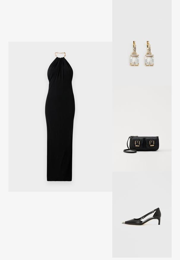 Crna halter haljina s drapiranim materijalom, koja se odlikuje zlatnim lancom kao naglasak na vratu. Prilagodljiv oblik tijela, glatka tekstura i dizajn punih dužina.; Crni kožni kitten heel s nazubljenim srebrnim vrhom i dvostrukim remenčićima na bijeloj pozadini.; Crna kožna torba preko ramena s dva prednja džepa, zlatnim kopčama, zatvaranjem na zip i uskim remenom. Teksturirana površina i kompaktan pravokutan oblik.; Zlatne naušnice s pravokutnim, prozirnim kristalom koji visi ispod niza malih, okruglih prozirnih akcenata. Elegantni, moderni dizajn.
