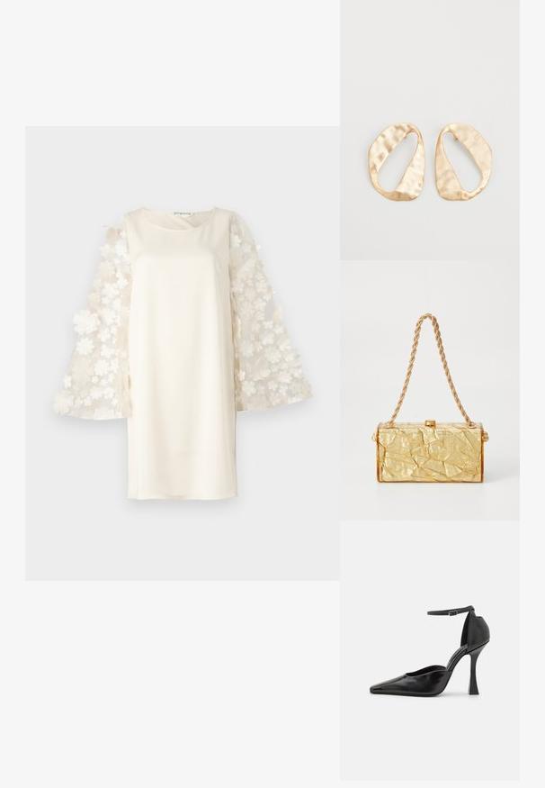 Fehér ruha sima anyagú testtel, áttetsző, virágmintás harangujjakkal. Egyszerű, kerek nyakkivágás és laza fazon.; Fekete magassarkú pump, fényes felülettel, hegyes orral, bokapánttal és formázott stiletto sarkal. Simább textúrájú és modern dizájnú.; Arany, gyűrött textúrájú kézitáska, téglalap alakú, lánc pánttal és fedélzáras záródással a tetején. Simább, fényes felület.; Egy pár szabálytalan, ovális formájú, aranyszínű fém fülbevaló, enyhén kalapált felülettel, fehér háttéren.