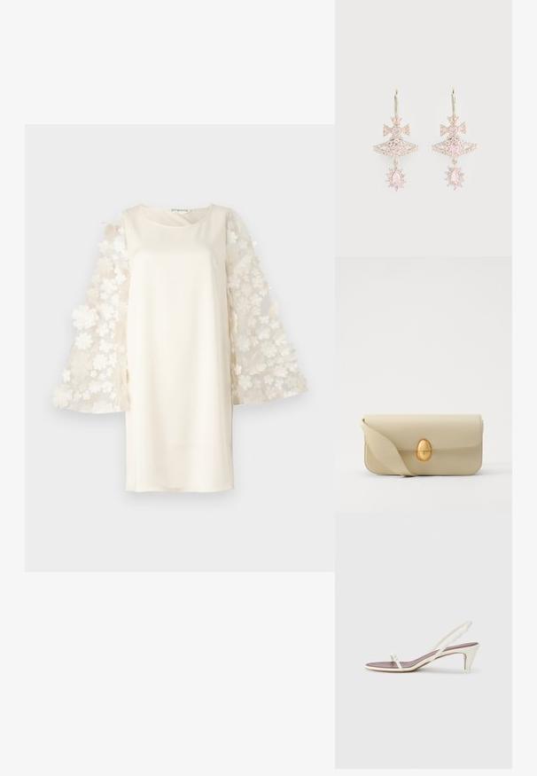 Fehér ruha sima anyagú testtel, áttetsző, virágmintás harangujjakkal. Egyszerű, kerek nyakkivágás és laza fazon.; Fehér, pántos szandál enyhe sarokkal, vékony pántokkal és sima bőr textúrával; kis díszítő csattal rendelkezik.; Beige bőrtáska sima textúrával, téglalap alakban, arany ovális zárral. Hosszú, állítható pánttal rendelkezik.; Rózsaszín drágakő fülbevalók masni mintával, réteges szerkezettel és csillogó díszítéssel; a fém alkatrészek megőrzik a fényes felületet.