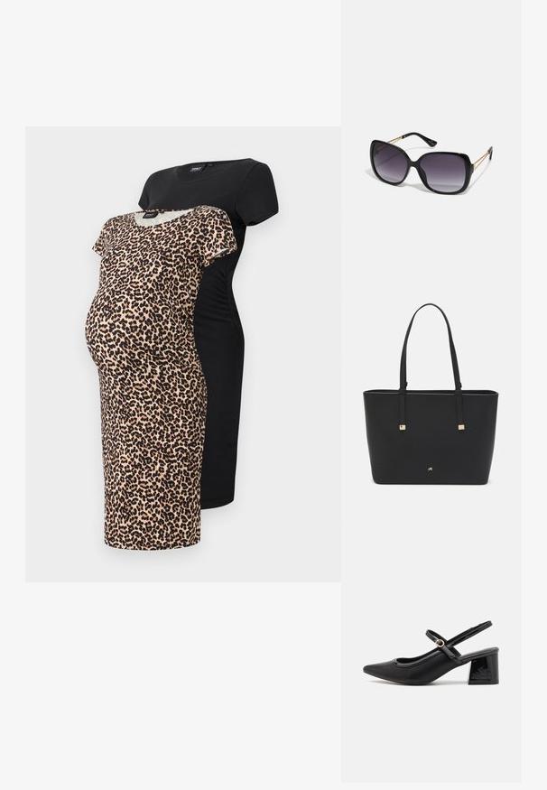 Maternitātes kleitu komplekts, kas sastāv no divām kleitām: viena melna un viena leopardu rakstā. Abas ir izgatavotas no mīksta auduma, kas paredzēts komfortam grūtniecības laikā.; Melns patentēts ādas sandales ar norādīta pirksta formu, noapaļotu izgriezuma dizainu un bloķētu papēdi. Iezīmēta ar zelta toņa sprādzi.; Melni pārmērīgi lieli saulesbrilles ar gradāciju lēcām, biezām rāmja malām un zeltainas krāsas ķēžu detaļām uz tempļiem.; Melnā somiņa, kas izgatavota no sintētiska materiāla, ar vienkāršu taisnstūra formu, zelta kvadrātveida akcentiem un divām rokturiem.