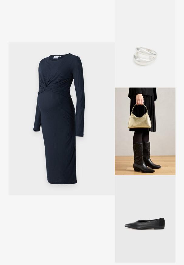 Tume mere ribaga raseduskleit pikkade varrukatega, vöökoha keerdusega ja põlvekõrguse allääraga. Pehme tekstuur ja keha lähedane disain.; Musthave mustris balletkingad, terav nina, minimaliseeritud disain, sile pind, madal konts, ilma nähtava riistvara või kaunistusteta.; Kuldse tekstuuriga kott, millel on kõver kuju ja lühike käepide, hoiab inimene, kes kannab musta plisseerkätikut ja musti nahast cowboy-saapaid.; Hõbedane kahekordne rõngas sujuva, poleeritud pinnaga. Omab voolavat, kõverat disaini, millel on kattuvad sektsioonid, et saavutada kaasaegne ilme.