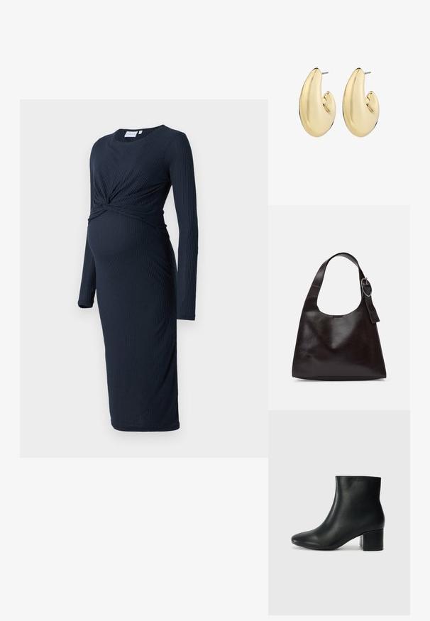 Rochie de maternitate ribbed de culoare bleumarin închis, cu mâneci lungi, detaliu răsucit în talie și tivul până la genunchi. Textură moale, design care se mulează pe corp.; Cizme negre din piele până la gleznă, cu vârf ascuțit și toc robust. Textură netedă, cu accente minime și un design elegant, ajustat.; Geantă de umăr din piele maro, cu o textură netedă, formă rotunjită, curea largă și un accent metallic circular pe mânere.; Cercei cu tonuri aurii, prezentând o formă netedă și rotunjită, cu un finisaj lucios și un suport cu tijă pentru o purtare sigură.