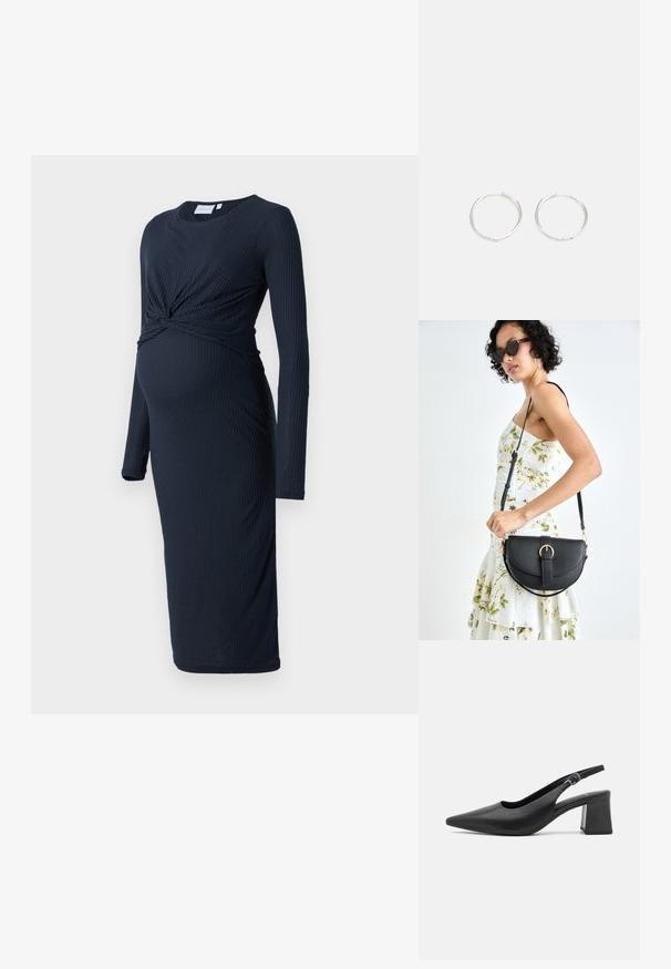 Sötét tengerészkék, bordázott kismama ruha hosszú ujjal, csavarodó részlettel a deréknál és térd alá érő szegéllyel. Puha tapintású, testhezálló fazon.; Fekete bőr, hátrahúzott sarkú cipő hegyes orral és vastag blokkf dấu. Állítható heveder fém csattal.; Fekete bőrtáska ívelt formával, levehető pánttal és arany színű fémrészekkel. A táskán egy csattal díszített fedél található.; Ezüst karika fülbevalók, letisztult, kerek formával, sima felülettel és látható díszítés nélkül. A átmérő nem megadott.