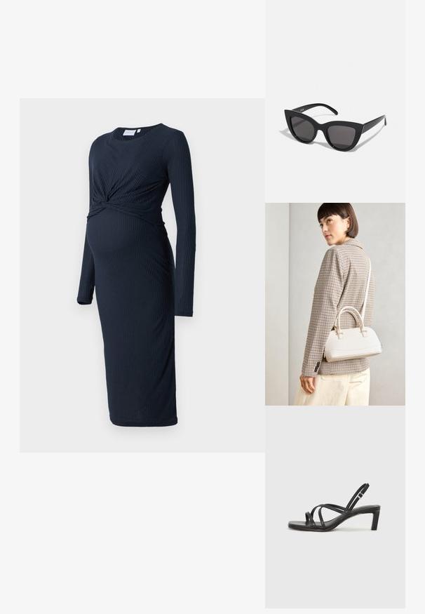 Tamsiai mėlyna pločio nėštumo suknelė su ilgomis rankovėmis, sukimba išilgai juosmens ir iki kelių ilgio. Minkšta tekstūra, prigludusi struktūra.; Juodi šlepetės su kvadratiniu pirštu ir žemu bloku kulnu. Yra keli ploni dirželiai ir reguliuojamas kulkšnies diržas. Pagaminti iš lygios odos.; Juodos katės akies akinių nuo saulės su matinio paviršiaus danga, turinčiais pilkai tonuotus lęšius, aštriomis linijomis ir elegantiškomis šoninėmis kojelėmis. Prekės ženklas matomas vidinėje kojelėje.; Balta struktūruota rankinė su trumpomis rankenomis ir peties diržu, su auksinėmis detalėmis ir tekstūruota medžiaga, pastatyta prieš pilką foną.