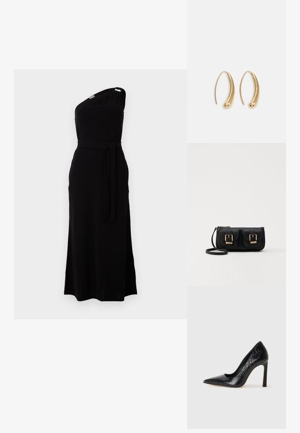 Czarna sukienka na jedno ramię z miękkiego materiału. Posiada pasek w talii i boczne rozcięcie, z metalicznym akcentem na ramieniu. Długość do ziemi.; Czarne szpilki z ostrym noskiem, pokryte teksturą skóry krokodyla, charakteryzujące się eleganckim wzornictwem, wysokim obcasem w stylu stiletto oraz gładkim czarnym wnętrzem.; Czarna skórzana torba na ramię z dwoma przednimi kieszeniami, złotymi klamrami, zamkiem błyskawicznym i cienkim paskiem. Teksturowana powierzchnia i kompaktowy prostokątny kształt.; Złote metalowe kolczyki w kształcie obręczy o zakrzywionym, wydłużonym kształcie. Posiadają gładką, błyszczącą powierzchnię oraz zaokrąglony koniec dla dodatkowego efektu.