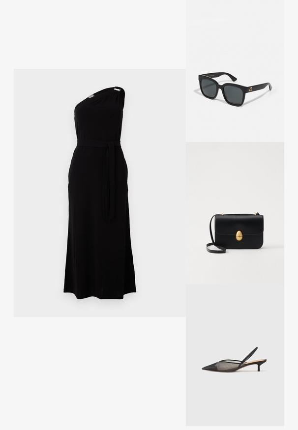 Černé šaty na jedno rameno z měkké tkaniny. Mají pásek v pase a boční rozparek, s kovovým detailem na rameni. Dlouhá délka.; NEOUS IRENA - Klasické lodičky - black; Černé sluneční brýle s obdélníkovými skly, s lesklým povrchem a zlatými logovými akcenty na nožkách. Temně šedá skla poskytují UV ochranu.; Černá kožená kabelka se strukturovaným obdélníkovým tvarem. Obsahuje zlatou oválnou sponu a tenký ramenní popruh. Hladký povrch.