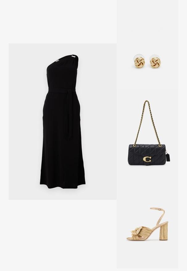 Rochie neagră, cu un umăr, dintr-un material moale. Prezintă o talie încinsă și o despicătură pe lateral, cu un accent metallic la umăr. Lungime mare.; Sandale cu toc auriu, cu un front legat, textură plisată și curea la gleznă. Tocul bloc are un design cu nervuri, care îmbunătățește aderența.; Geantă neagră matlasată cu un umăr din lanț auriu, având un închizător auriu distinctiv și un etichetă mică, prezentând o suprafață din piele texturată.; Cercei cu tija aurie, cu un design răsucit. Fiecare cercel are un fundal circular transparent pentru o purtare sigură.