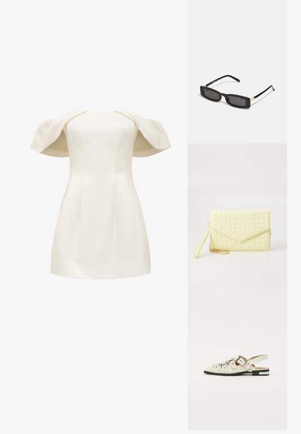Bela obleka z odprtimi rameni, izdelana iz gladkega blaga, s prilegajočim telesom in razpetim krilom ter strukturiranimi napihnjenimi rokavi.; Sandal v slogu z odprtim peto v beli usnjeni obvali z več širokimi trakovi in srebrnimi zaponkami; ravni podplat z majhno črno peto in kovinskimi detajli.; Črne pravokotne sončne očala s temnimi lečami, sijajnim plastičnim okvirjem in zlatimi poudarki na ušesnih delu. Minimalistična zasnova in eleganten oblik.; Rumena pletena torbica za ključe z zapiralom, odstranljivim zapestnim trakom in zlatim verižnim poudarkom. Gladka tekstura in pravokotna oblika.