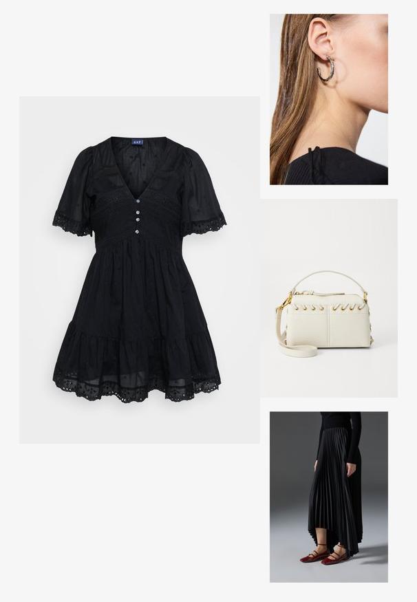 Čierne šaty vyrobené z ľahkej tkaniny s priliehavým telom, krátkymi vypchávkovanými rukávmi, výstrihom do V, gombíkovými detailmi a vyšívanými akcentmi na sukni.; Čierna plisovaná sukňa s vysokým a nízkym lemom, skombinovaná s lesklými červenými balerínami s dizajnom remienkov. Tkanina má hladkú textúru.; Biela kabelka z imitácie kože s vrchným zipsom, krátkym uchom a odnímateľným crossbody popruhom so zlatými kovovými detailmi. Bočné šnurovanie.; Strieborná kruhová náušnica s lesklým povrchom, obsahujúca malé zlaté akcenty a okrúhly tvar, nosená na lalôčiku ucha.