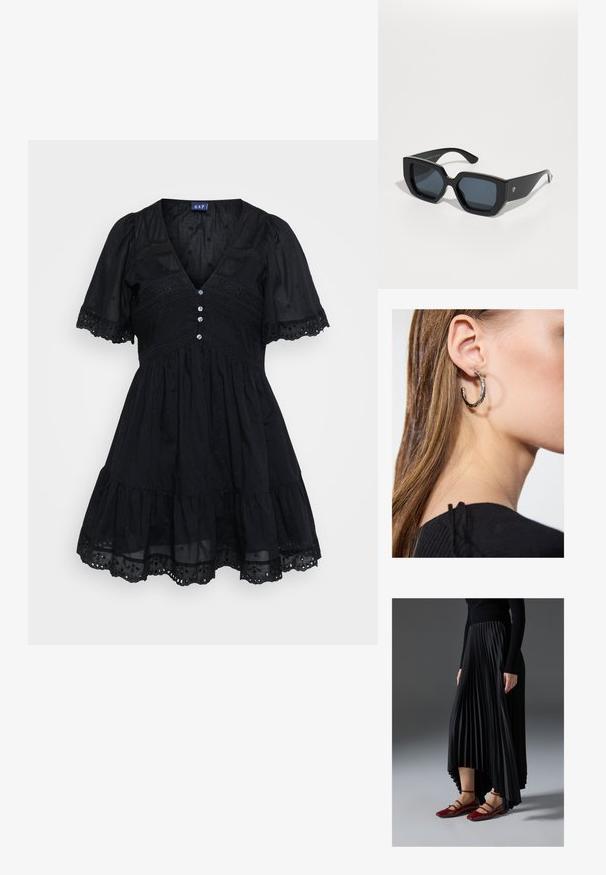 Schwarzes Kleid aus leichtem Stoff mit enganliegendem Oberteil, kurzen Puffärmeln, V-Ausschnitt, Knopfdetails und gestickten Akzenten am Rock.; Schwarzer, plissierter Rock mit einem High-Low-Saum, kombiniert mit glänzenden roten Ballerinas mit einem Riemen-Design. Der Stoff hat eine glatte Textur.; Schwarze, übergroße Sonnenbrillen mit geometrischem Design, rechteckigen Gläsern und glänzender Oberfläche. Keine sichtbaren Markenkennzeichnungen auf der Vorderseite.; Silberne Creolen mit polierter Oberfläche, die kleine goldene Akzentdetails und eine runde Form aufweisen, am Ohrläppchen getragen.