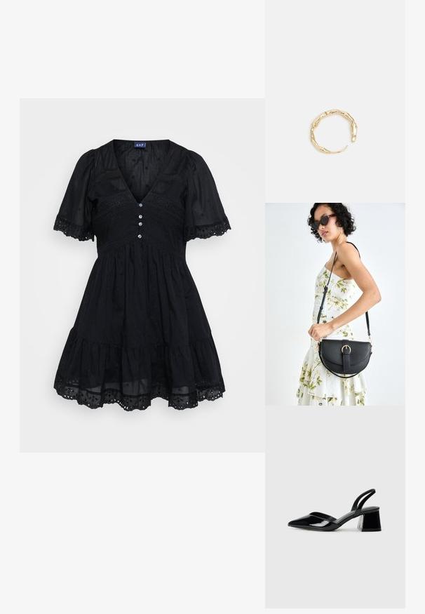 Abito nero realizzato in tessuto leggero con corpino aderente, maniche a sbuffo corte, scollatura a V, dettagli con bottoni e accenti ricamati sulla gonna.; Décolleté in vernice nera con punta affusolata e tacco in geometria cubica. Presentano un design elegante e minimalista, con una texture liscia.; Borsa a tracolla nera in pelle con una forma curva, manico rimovibile e accessori dorati. La borsa presenta una patta con un dettaglio a fibbia.; Anello in tono oro con un design organico e Twisted, caratterizzato da una superficie liscia e punte affusolate, che crea un aspetto moderno e scultoreo.