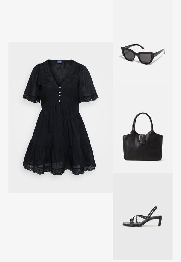 Vestido negro hecho de una tela liviana con un corpiño ajustado, mangas cortas abullonadas, escote en V, detalles de botones y acentos bordados en la falda.; Sandalia negra de tiras con punta cuadrada y tacón bajo de bloque. Presenta múltiples tiras delgadas y una correa ajustable en el tobillo. Fabricada en cuero suave.; Gafas de sol negras en forma de ojo de gato con un acabado mate, que presentan lentes ahumados grises, ángulos pronunciados y brazos laterales elegantes. Nombre de la marca visible en el interior del brazo.; Bolso tote de cuero negro con textura suave, forma estructurada, dos asas y un prominente detalle de hebilla plateada en la parte frontal.