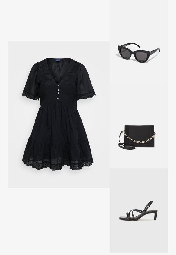 Zwarte jurk van lichtgewicht stof met een aansluitende lijfje, korte pofmouwen, V-hals, knoopdetails en geborduurde accenten op de rok.; Zwarte sandaal met bandjes, vierkante teen en een lage blokhak. Voorzien van meerdere dunne bandjes en een verstelbare enkelband. Gemaakt van zacht leer.; Zwarte cat-eye zonnebril met een matte afwerking, voorzien van grijs getinte glazen, scherpe hoeken en slanke zijarmen. Merkennaam zichtbaar op de binnenarm.; Zwarte leren schoudertas met een gladde textuur, rechthoekige vorm en een metallic kettingdetail aan de voorkant. Verstelbare schouderband inbegrepen.
