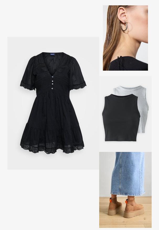 Fekete, könnyű anyagból készült ruha, testhez álló felsőrésszel, rövid puffos ujjakkal, V-nyakkal, gomb részletekkel és hímzett díszítéssel a szoknyán.; Even&Odd Petite 2 PACK - Felső - light grey/black; Barna velúr platform csizmák elasztikus oldalsó panelekkel és narancssárga húzófülekkel, amelyek egy térdközépig érő világoskék farmer szoknyával vannak párosítva egy fás padlón.; Ez egy ezüst fülbevaló, sima felülettel, amelyen apró arany díszítőelemek találhatók. Kerek formájú és a fülcimpán viselik.