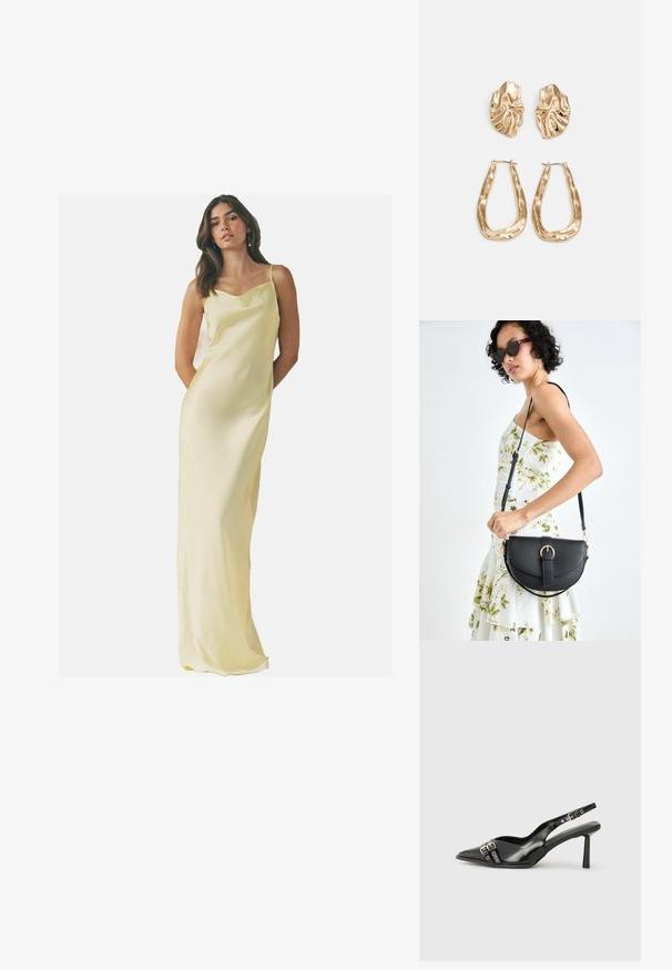 Robe longue en satin douce jaune avec un col drapé et des bretelles spaghetti ; texture lisse et silhouette ajustée.; Chaussure slingback en cuir verni noir avec un embout pointu, des brides de cheville avec des boucles en argent et des éléments en métal, et un talon fin.; Sac à main en cuir noir avec une forme courbée, bandoulière amovible et des accessoires en or. Le sac est doté d'un rabat avec un détail de boucle.; Boucles d'oreilles dorées présentant des formes texturées et ondulées. Comprend des clips sculpturaux et un design de créoles ouvertes avec une finition martelée.