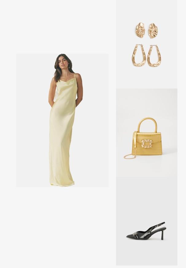 Hosszú, selyem aljú ruha világos sárgában, lágy nyakkivágással és pántos vállpántokkal; sima textúrával és testhezálló sziluettel.; Fekete lakk bőr, hegyes orrú slingback cipő, boka pántokkal, ezüst csatokkal és hardverelemekkel, valamint karcsú sarkú.; Sárga műbőr krokodil mintás kézitáska strukturált kialakítással, felső fogantyúval, leválasztható lánccal és díszes kristály díszítéssel a záron.; Aranyszínű fülbevalók, texturált, hullámos formákkal. Tartalmazza a szobrászati klipszes studokat és az open hoop kialakítást, kalapácsos felülettel.