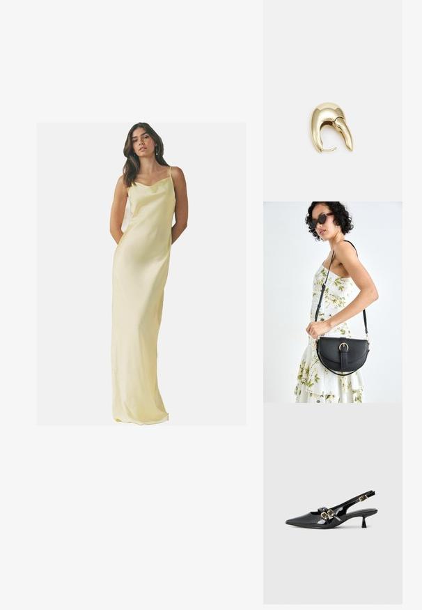 Pikk, satiinist libisev kleit heledas kollases värvitoonis, millel on kumer kaelus ja õhukesed rihmad; sile tekstuur ja lähedalt liibuv siluett.; Musta lakknahk slingback kontsad, terava nina, kahekordsed rihmad, mis on varustatud kuldsete kinnitustega ja lühike kitsas konts. Ükslane tekstuur.; Mustmust mustraha kõverate joontega, eemaldatava rihmaga ja kuldsete detailidega. Kotil on klapp, millel on pandladetail.; Kuldtooni metallist kõrvarõngas, millel on elegantne ja kaarjas disain. Omab silmapaistvat teravat kuju, poleeritud pinda ja hingesulgemist.