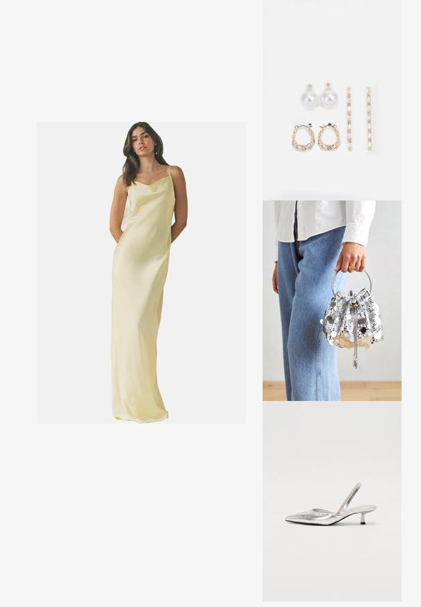 Robe longue en satin douce jaune avec un col drapé et des bretelles spaghetti ; texture lisse et silhouette ajustée.; Escarpin argenté à talon slingback avec bout pointu, texture scintillante, petit talon et découpe pour la sangle de cheville. Forme élégante et moderne.; Sac en sequin argenté en forme de seau avec une anse métallique circulaire ; doté d'une fermeture à cordon et d'accents en chaîne, sur un fond en denim clair et tissu blanc.; Trois paires de boucles d'oreilles : de grandes perles blanches en boutons, des créoles en or avec des pierres claires, et deux longues boucles d'oreilles droites en or avec des détails scintillants.
