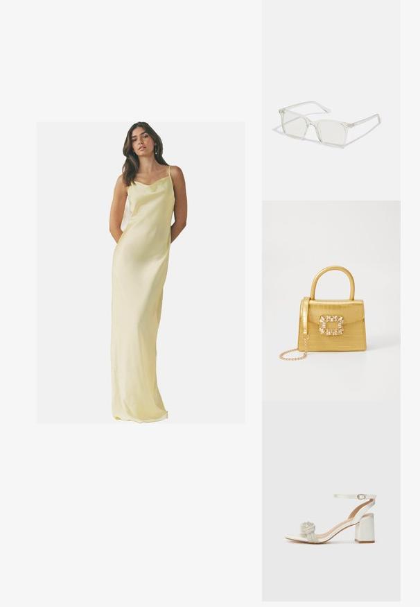 Dlouhá saténová noční košile v jemně žluté barvě s volným výstřihem a tenkými ramínky; hladká textura a přiléhavý střih.; Bílé otevřené sandály s tlustým blokovým podpatkem, s texturovaným třpytivým páskem přes nohu a nastavovacími pásky kolem kotníku.; Průhledné plastové brýle čtvercového rámečku s průsvitnými čočkami, které mají zlaté akcenty na spáncích pro zvýraznění detailů.; Žlutá kabelka z umělé krokodýlí kůže se strukturovaným designem, horním uchopem, odnímatelným řetízkovým popruhem a dekoračním krystalovým zdobením na zapínání.