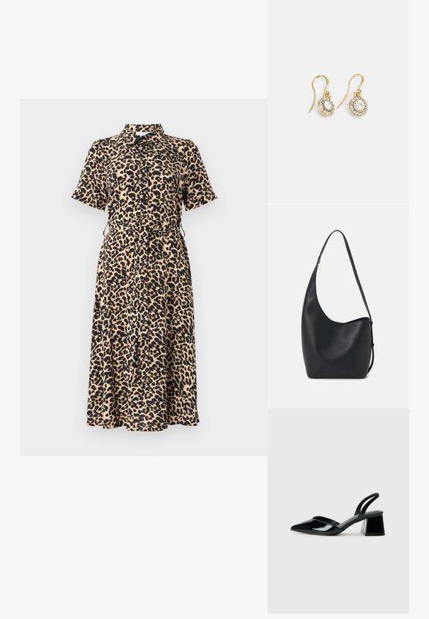 Šviesiai rudos ir juodos leopardų rašto suknelė trumpomis rankovėmis, su apykakle, mygtukų priekyje ir reguliuojama raišteliu juosmens dalyje, siekia vidurinę blauzdos dalį.; Juodos lakuotos odinės šlepetės su smailiu pirštu ir geometriniu bloko kulnu. Turi elegantišką, minimalistinį dizainą ir lygų paviršių.; Juodas odinis hobo maišas su lygiu paviršiumi, kreipta forma ir viena reguliuojama rankena; turi platų atidarymą viršuje.; Aukso spalvos auskarai su ovalo formos skaidriais kristalais, apjuostais mažesniais skaidriais akmenukais, su kabliuko dizainu, užtikrinančiu saugų dėvėjimą.