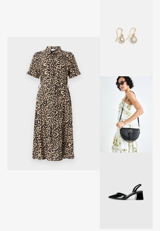 Kortærmet leopardprintkjole i beige og sort, med krave, knaplukning foran og justerbar bindebånd i taljen, der falder til midt på læggen.; Sorte patentlæder slingback hæle med spids tå og en geometrisk blok hæl. Har et elegant, minimalistisk design og en glat tekstur.; Sort læderhåndtaske med en buet form, aftagelig rem og guldfinish. Tasken har en klap med en spænde detalje.; Guldtonede øreringe med ovalformede klare krystaller omgivet af mindre klare sten, med et krogdesign for sikker bæring.