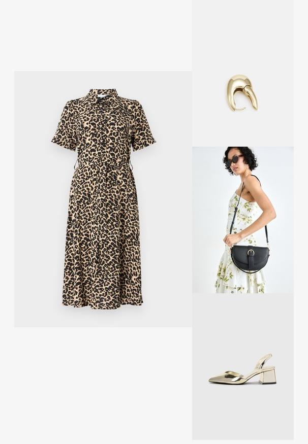 Abito leopardato a maniche corte in beige e nero, con collo a camicia, chiusura frontale con bottoni e vita regolabile con legatura, che arriva fino a metà polpaccio.; Tacchi slingback metallici color oro con punta appuntita e tacco grosso. Texture liscia, design minimalista e una cinghia stretta.; Borsa a tracolla nera in pelle con una forma curva, manico rimovibile e accessori dorati. La borsa presenta una patta con un dettaglio a fibbia.; Orecchino in metallo color oro con un design elegante e curvo. Presenta una forma appuntita distintiva, superficie lucida e chiusura a cerniera.