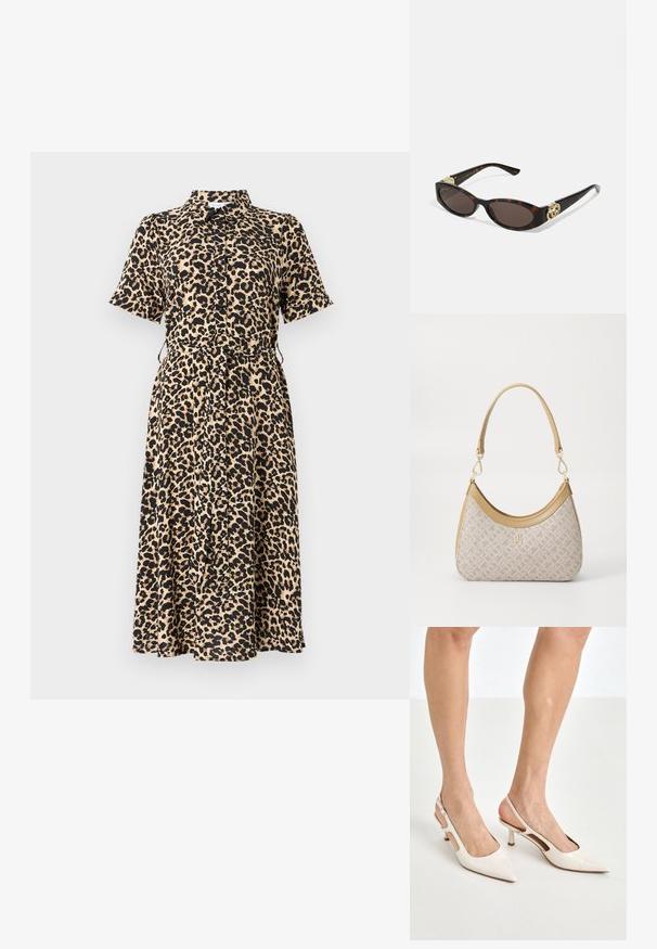 Abito leopardato a maniche corte in beige e nero, con collo a camicia, chiusura frontale con bottoni e vita regolabile con legatura, che arriva fino a metà polpaccio.; Tacchi slingback in pelle lucida beige con punta affusolata e tacco di 5 cm, caratterizzati da lati traforati e una sottile fascia alla caviglia.; Occhiali da sole tartarugati con lenti ovali allungate, tonalità marrone, accenti dorati con logo sulle tempie e aste nere eleganti.; Borsa a tracolla beige con un motivo stampato, forma curvata, dettagli in pelle e un logo dorato sul davanti. Presenta una maniglia corta per un facile trasporto.