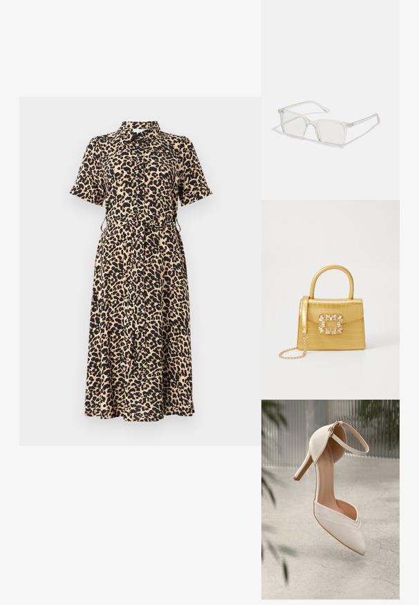 Kratke rukave haljina s uzorkom tigrastog printa u bež i crnoj boji, s kragnom, prednjim kopčanjem na gumbe i podesivim pojasom, koji seže do sredine lista.; Bijela visoka potpetica u glatkom materijalu s oštrim vrhom i remenom oko gležnja. Ima svijetlosmeđi unutrašnjost i akcentu u zlatnoj boji.; Prozirne plastične naočale kvadratnog okvira s prozirnim lećama, koje sadrže zlatne akcentne detalje na drškama.; Žuta torbica od umjetnog krokodila sa strukturiranim dizajnom, gornjom ručkom, odvojivim lančićem i dekorativnim kristalnim ukrasom na kopči.