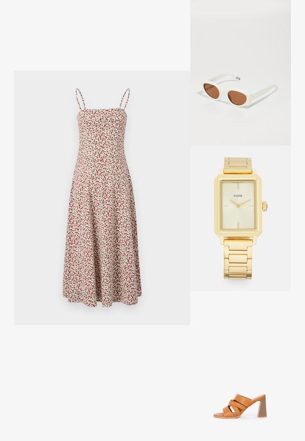 Abercrombie & Fitch CHASE STRAPLESS MIDI DRESS  - Robe de jour - red; Mules à talons hauts en similicuir orange avec des brides entrecroisées, bout ouvert et un talon bloc texturé. Fini lisse avec des détails de couture visibles.; Lunettes de soleil ovales blanches avec des verres marron, présentant une finition mate et des branches droites. Des détails notables incluent le logo sur la branche.; Montre rectangulaire en or au design minimaliste, avec un cadran crème, des aiguilles dorées et un bracelet en maillons métalliques. Les marquages incluent le nom de la marque.