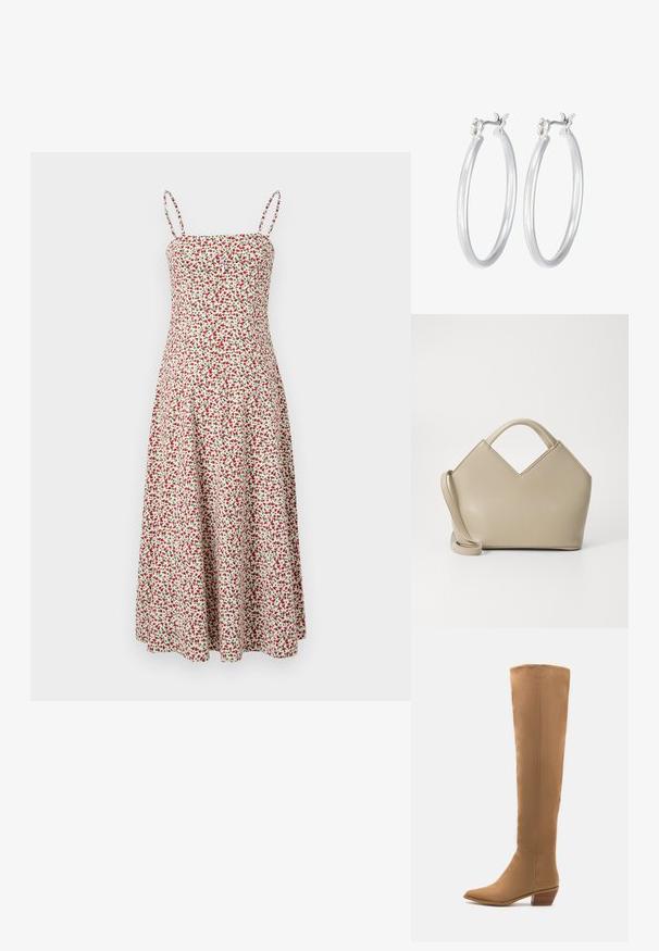 Abercrombie & Fitch CHASE STRAPLESS MIDI DRESS - Freizeitkleid - red; Knöchelhohe, tanfarbene Stiefel aus einem glatten Material mit einer spitzen Zehe und einem niedrigen, gestuften Absatz. Schlichtes Design, ohne sichtbare Muster oder Akzente.; Beige strukturierte Handtasche mit V-förmigem oberen Teil, glattem Leder, kurzen Griffen und einem langen verstellbaren Tragegurt. Minimalistisches Design.; Silberne Creolen mit einer glatten, polierten Oberfläche. Runder Form und sicherem Klickverschluss. Leichtes Design, geeignet für den täglichen Gebrauch.