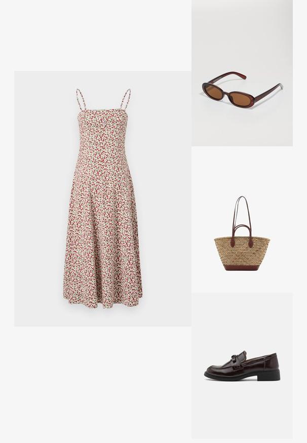 Abercrombie & Fitch CHASE STRAPLESS MIDI DRESS - Hverdagskjole - red; Brune læder loafers med en glat tekstur, der har en dekorativ strop og spænde, lav sort hæl og rund tådesign.; Runde, bruntonede solbriller med en glansfuld bordeauxramme. Slanke arme med diskret brandingdetalje. Flad linsedesign.; Vævet strå tote taske med flettet tekstur, mørkebrune læderhåndtag og bund, bred cirkulær form og åben topdesign.