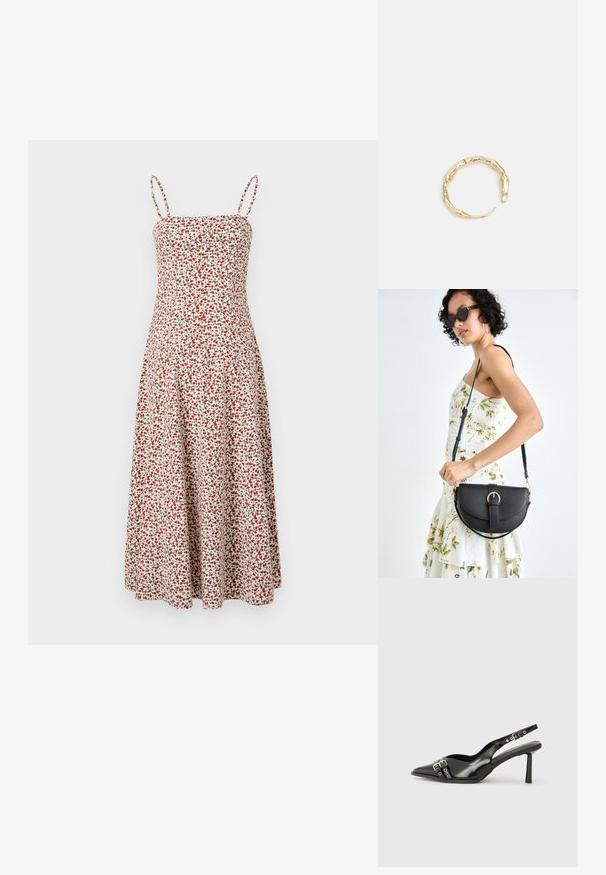 Abercrombie & Fitch CHASE STRAPLESS MIDI DRESS - Day dress - red; Black patent leather slingback shoe with pointed toe, ankle straps featuring silver buckles and hardware, and a slender heel.; Black leather handbag with a curved shape, detachable strap, and gold hardware. The bag features a flap with a buckle detail.; Gold-tone ring featuring an organic, twisted design with smooth texture and tapered ends, creating a modern, sculptural appearance.