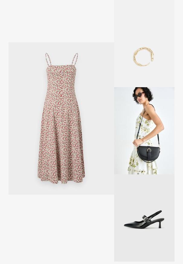 Abercrombie & Fitch CHASE STRAPLESS MIDI DRESS - Denné šaty - red; Čierne patentové kožené sandále na podpätku so špicatou špičkou a malým blokovým podpätkom, s dekoratívnou striebornou sponou na remienku.; Čierna kožená kabelka s zaobleným tvarom, odnímateľným popruhom a zlatými doplnkami. Kabelka má klopu s detailom s prackou.; Prsteň v zlatej farbe s organickým, skrúteným dizajnom, hladkým povrchom a zužujúcimi sa koncami, vytvárajúci moderný, sochársky vzhľad.