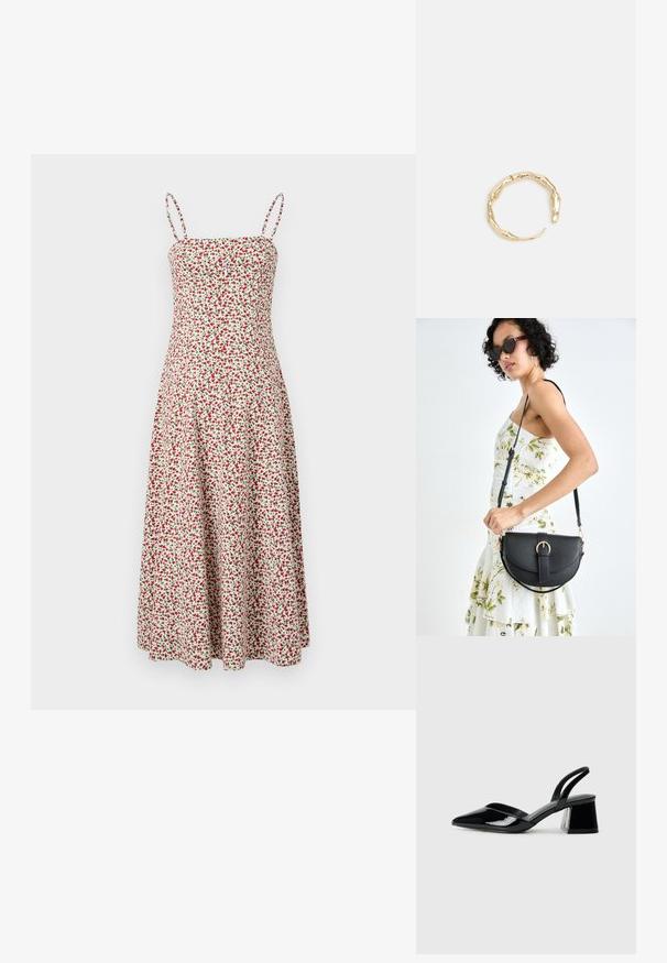 Abercrombie & Fitch CHASE STRAPLESS MIDI DRESS - Dnevna haljina - red; Crne lakirane kožne sandale s otvorenom petom i špicastim vrhom, s geometrijskom blok petom. Imaju elegantan, minimalistički dizajn i glatku teksturu.; Crna kožna torba s lukovitim oblikom, odvojivim remenom i zlatnim detaljima. Torba ima preklop s kopčom.; Prsten u zlatnoj nijansi s organskim, uvijenim dizajnom, glatkom teksturom i suženim krajevima, koji stvara moderan, skulpturalni izgled.