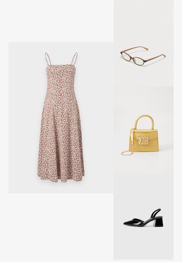 Abercrombie & Fitch CHASE STRAPLESS MIDI DRESS - Nappali ruha - red; Fekete lakk bőr szandálkés magas sarkú cipő, hegyes orral és geometrikus tömbsarkakkal. Karcsú, minimalista dizájn és sima textúra jellemzi.; Barna teknős páncélmintás szemüveg, ovális lencsékkel, vékony szárakkal és átlátszó részletekkel. A templomon diszkrét logó található. Elegáns, könnyű dizájn.; Sárga műbőr krokodil mintás kézitáska strukturált kialakítással, felső fogantyúval, leválasztható lánccal és díszes kristály díszítéssel a záron.