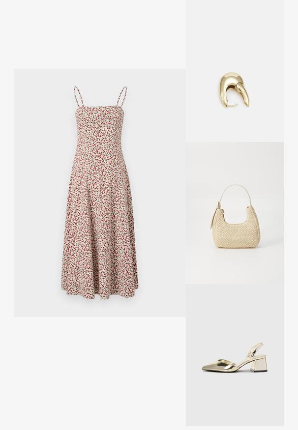 Abercrombie & Fitch CHASE STRAPLESS MIDI DRESS - Vapaa-ajan mekko - red; Kultaiset, metalliset slingback-kengät, joissa on teräväkärkiset ja paksut korot. Sileä pinta, minimalistinen muotoilu ja kapea hihna.; Kudottu olkilaukku vaaleanbeigessä, kaarevassa muodossa, lyhyellä hihnalla ja sivuvetoketjulla. Ominaisuuksiin kuuluu teksturoidumpaa pintaa ja minimalistinen muotoilu.; Kultahipuinen korvakoru, jossa on sulavalinjainen, kaareva muotoilu. Ominaisuuksiin kuuluu erottuva terävä muoto, kiillotettu pinta ja sarana kiinnitys.