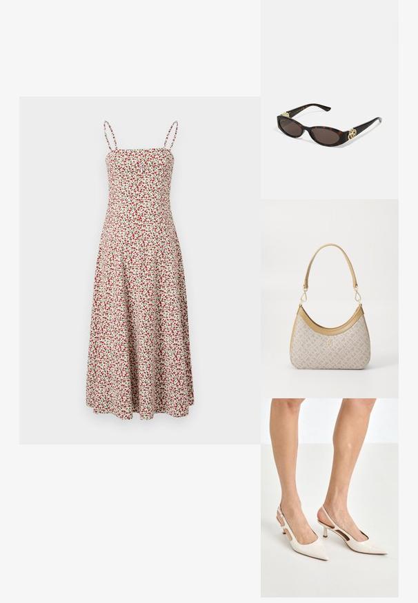Abercrombie & Fitch CHASE STRAPLESS MIDI DRESS - Robe de jour - red; Escarpins à talon slingback en cuir verni beige avec un bout pointu et un talon de 5 cm, présentant des côtés découpés et une fine bride à la cheville.; Lunettes de soleil en écaille, avec des verres ovales allongés, teinte marron, accents de logo doré sur les branches et montures noires élégantes.; Sac à main en beige à motif, avec une forme incurvée, des accents en cuir et un logo en ton doré sur le devant. Il dispose d'une poignée courte pour un transport facile.