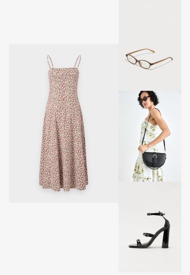 Abercrombie & Fitch CHASE STRAPLESS MIDI DRESS - Freizeitkleid - red; Schwarze patentierte Sandalen mit Absatz, quadratischer Spitze, Knöchelriemen und silbernen Schnallen. Mit einem stabilen Blockabsatz für mehr Stabilität.; Braune Schildpatt-Brille mit ovalen Gläsern, dünnen Bügeln und transparenten Akzenten. Verfügt über ein dezentes Logo am Bügel. Elegantes, leichtes Design.; Schwarze Lederhandtasche mit geschwungener Form, abnehmbarem Tragegurt und goldenen Beschlägen. Die Tasche verfügt über einen Deckel mit einer Schnallen-Details.